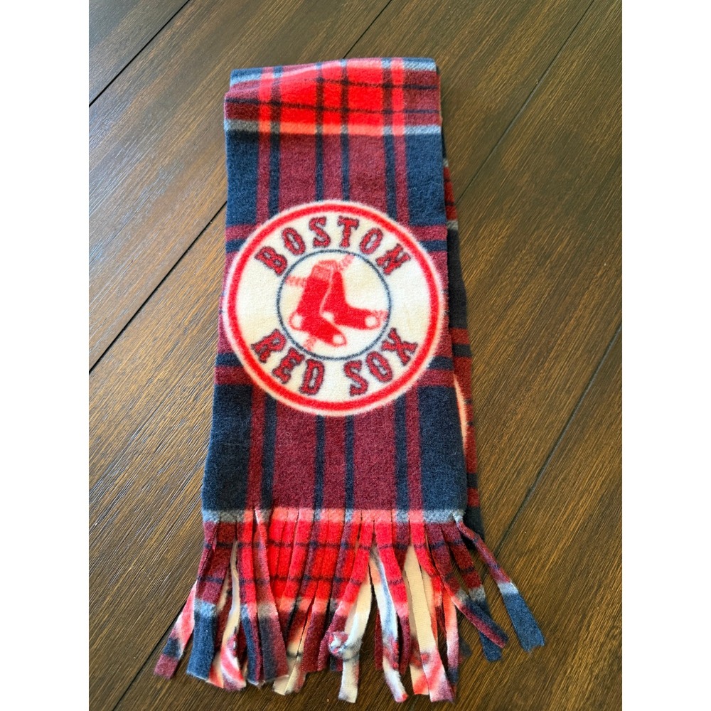 Boston Red Sox MLB Fleece Scarf Red Navy Blue Plaid Logo Fringe Fan Gear